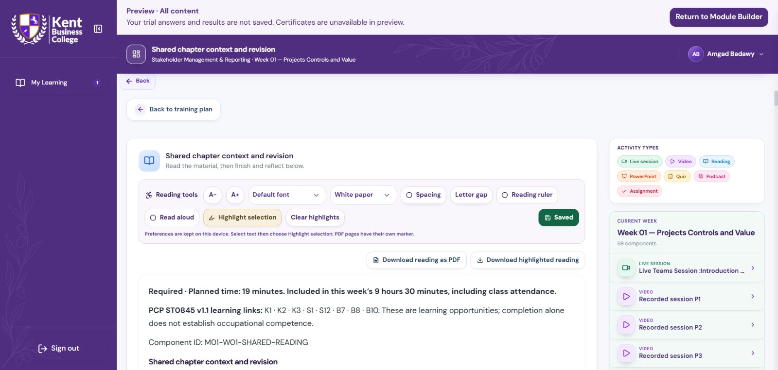 Accessible reading in the Kent Business College LMS