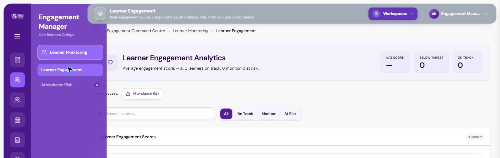 Engagement dashboard in the Kent Business College LMS