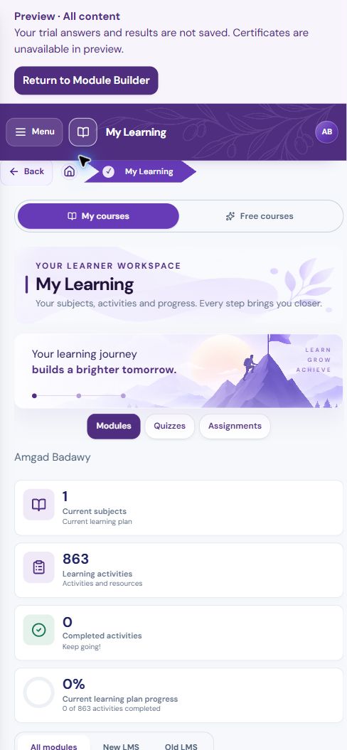 The learner workspace at a mobile browser width